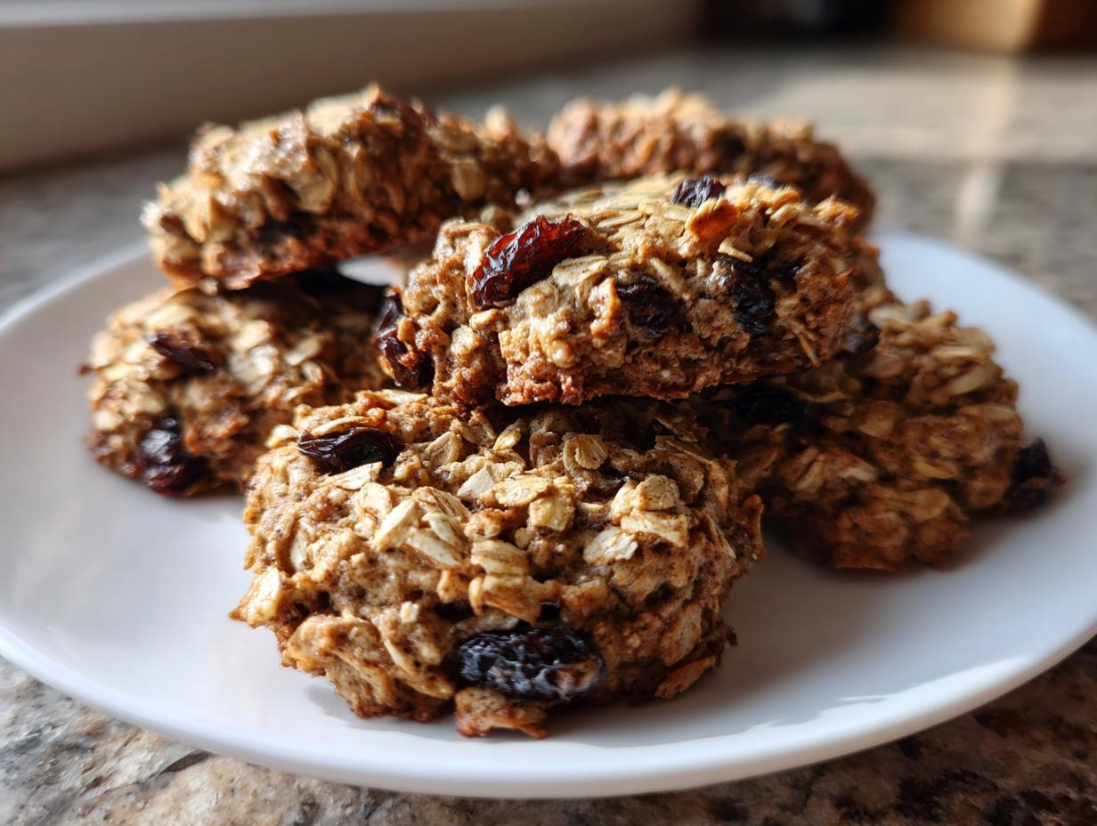 A stack of textured, wholesome oatmeal raisin cookies piled on a white plate, highlighted by natural light.