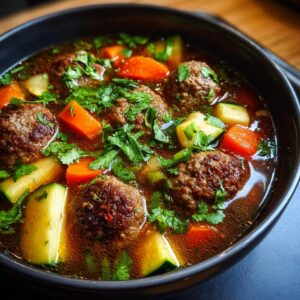 Close-up of a rich, savory bowl of albondigas soup featuring meatballs, carrots, zucchini, and fresh cilantro.
