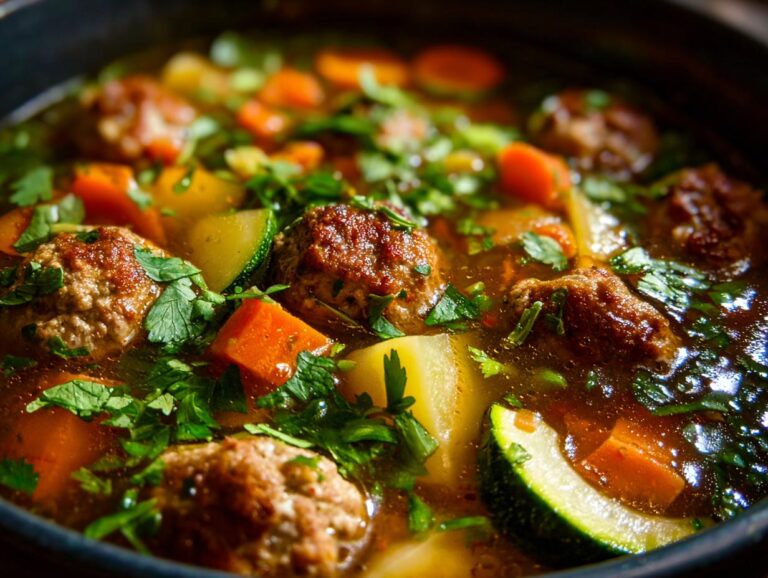 Close-up of rich, savory albondigas soup featuring meatballs, carrots, zucchini, and fresh cilantro.