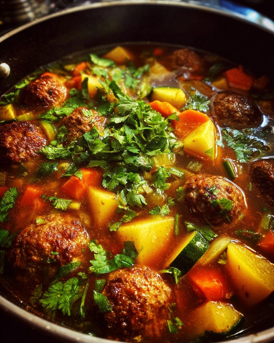Close-up of rich, savory albondigas soup simmering in a pot, filled with meatballs, potatoes, carrots, and cilantro.