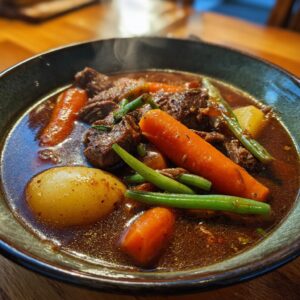 Close-up of a steaming bowl of hearty vegetable beef soup featuring chunks of beef, carrots, potatoes, and green beans in a rich broth.