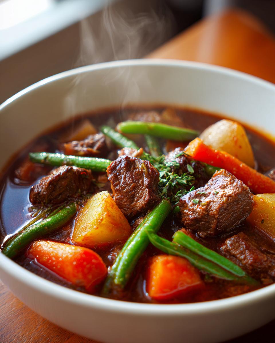 Close-up of a steaming white bowl filled with rich, dark broth, chunks of beef, carrots, potatoes, and green beans in vegetable beef soup.