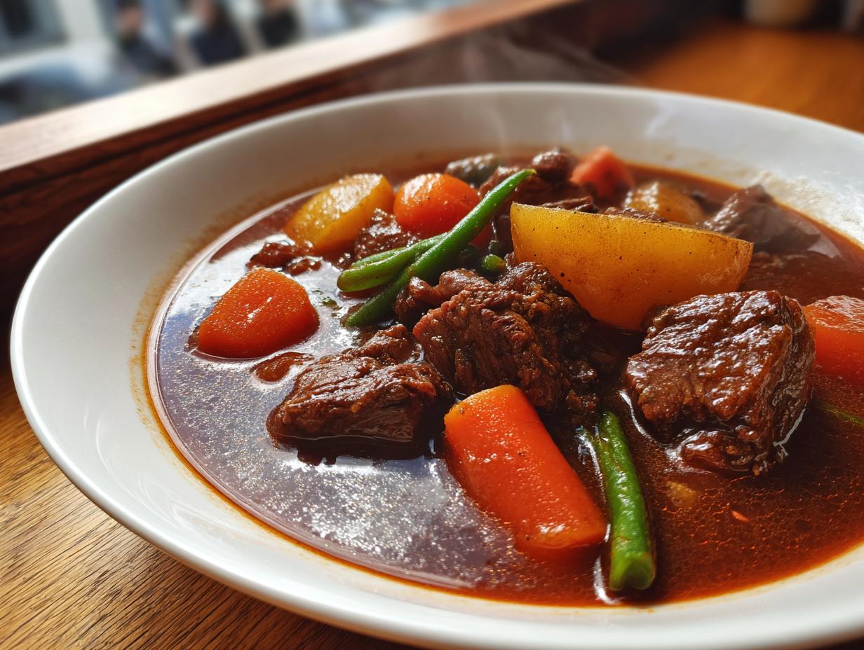 Close-up of a steaming white bowl filled with hearty vegetable beef soup, featuring chunks of beef, carrots, potatoes, and green beans.