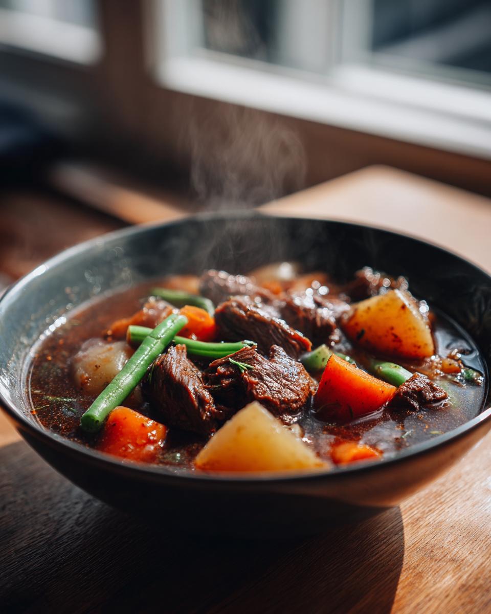 Close-up of a steaming bowl of hearty vegetable beef soup with chunks of beef, potatoes, carrots, and green beans.