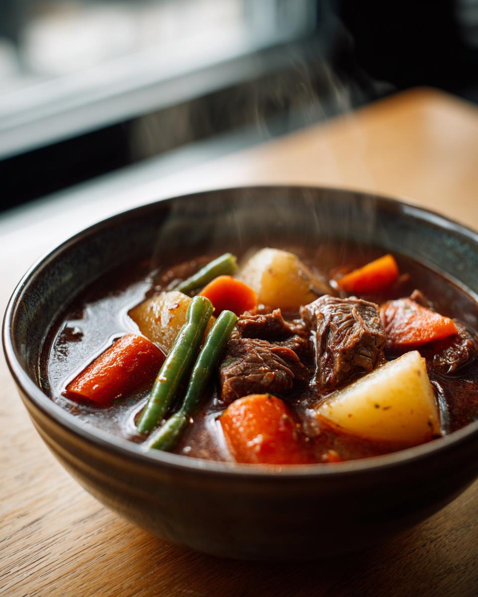 A close-up of a steaming bowl of hearty vegetable beef soup with chunks of beef, carrots, potatoes, and green beans.