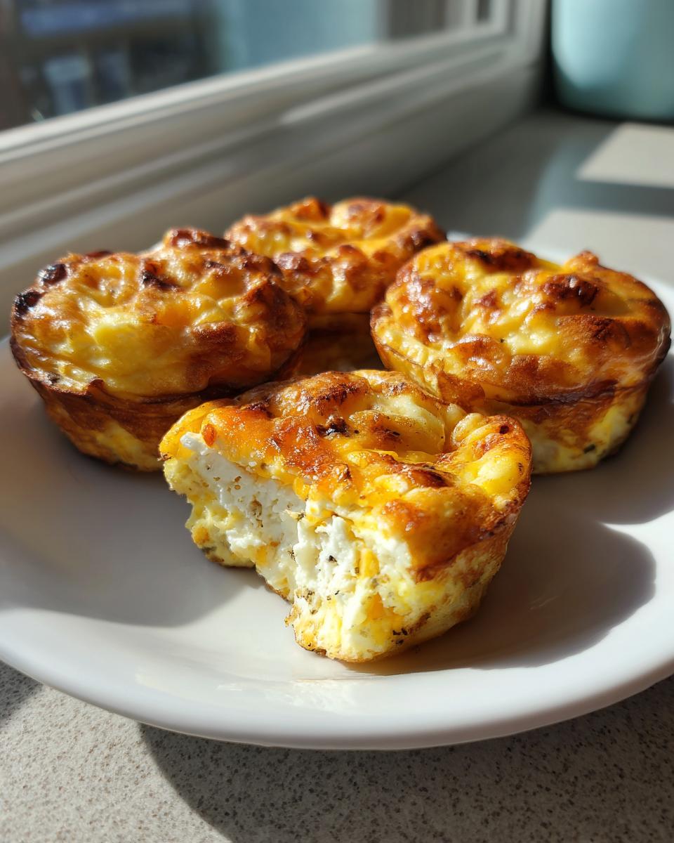 Four golden-brown, baked egg bites on a white plate, with one showing a bite taken out revealing a fluffy, cheesy interior.