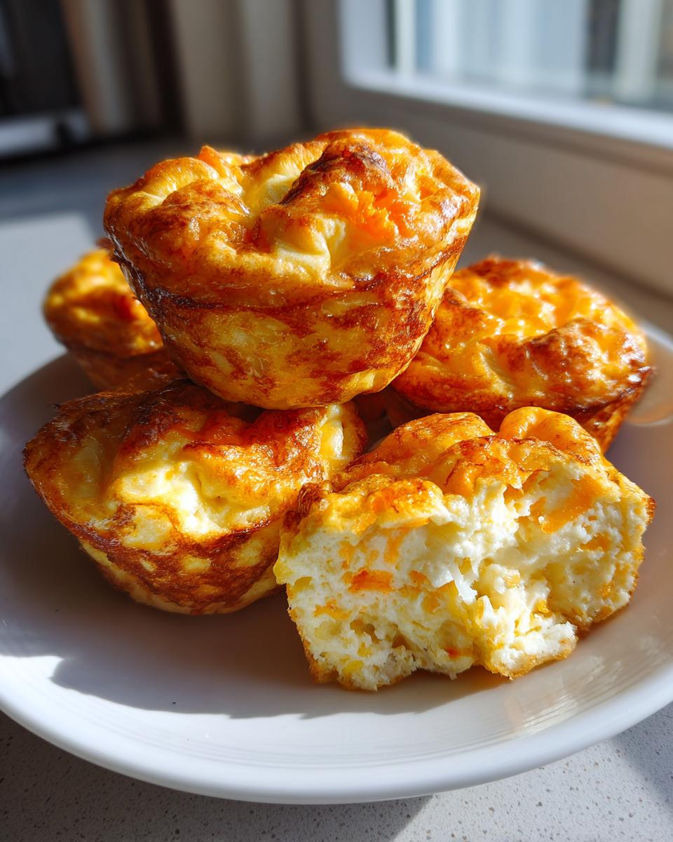 A stack of golden brown, fluffy egg bites, with one broken open showing cottage cheese and shredded carrots inside.