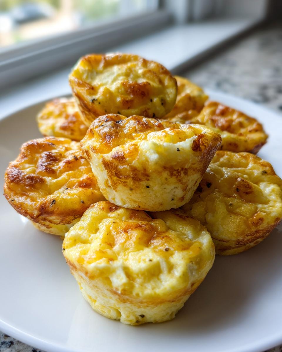 A stack of golden-brown, fluffy egg bites piled on a white plate, perfect for a high-protein breakfast.