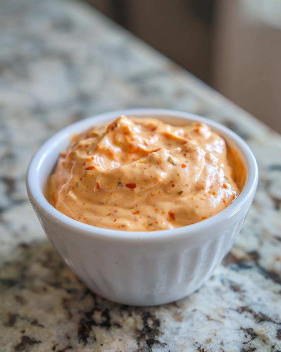 Close-up of creamy, orange-tinted big mac sauce with visible relish flecks in a small white bowl.