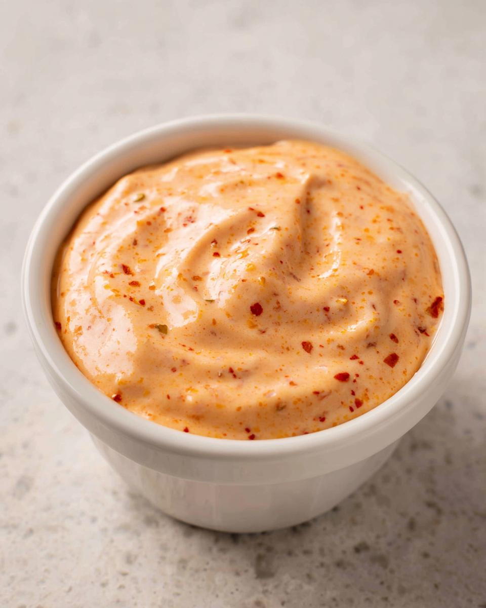 Close-up of creamy, orange-hued big mac sauce speckled with red pepper flakes in a white ramekin.