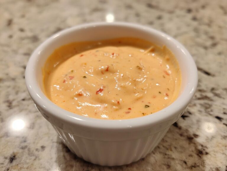 Close-up of creamy, orange-hued big mac sauce with visible relish pieces in a small white ramekin.