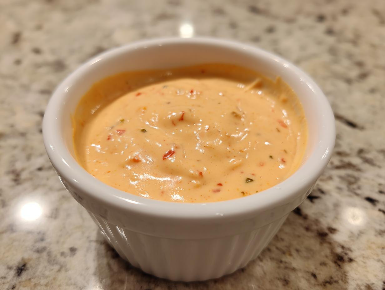 Close-up of creamy, orange-hued big mac sauce with visible relish pieces in a small white ramekin.