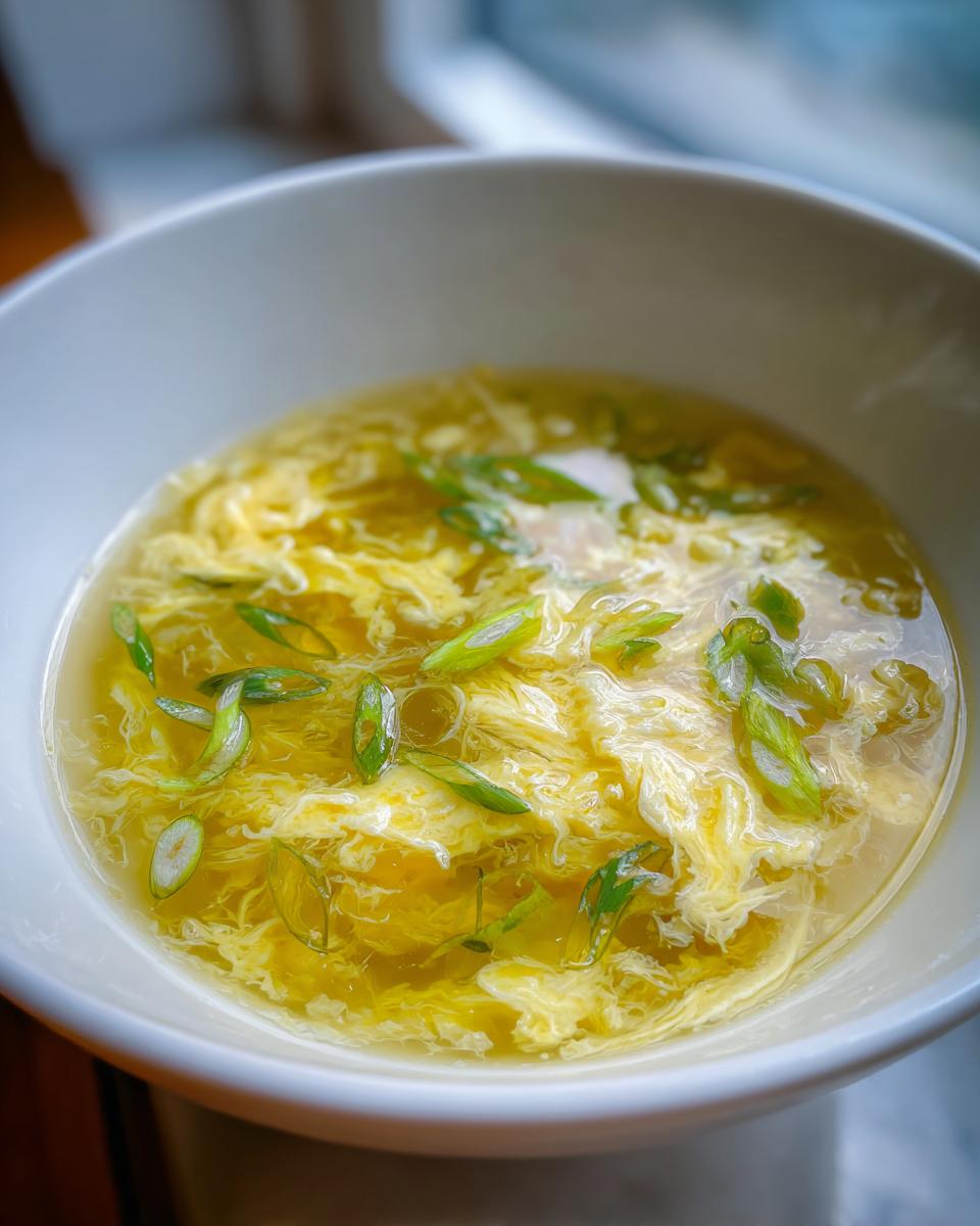 A close-up overhead shot of a white bowl filled with homemade egg drop soup, featuring wispy yellow egg ribbons and green scallion slices.