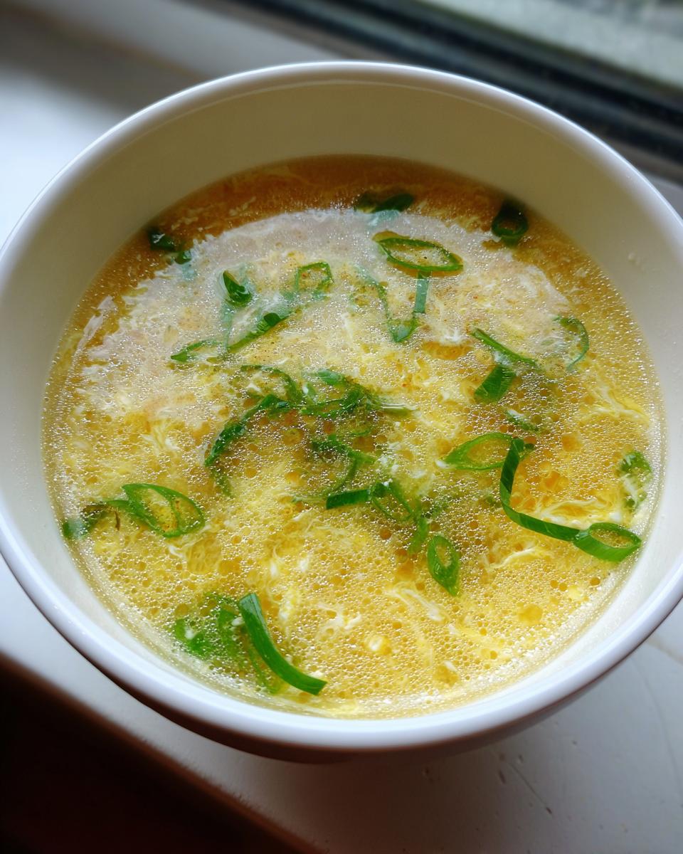 A close-up view of a white bowl filled with hot egg drop soup, featuring wispy cooked egg ribbons and fresh green scallion slices.