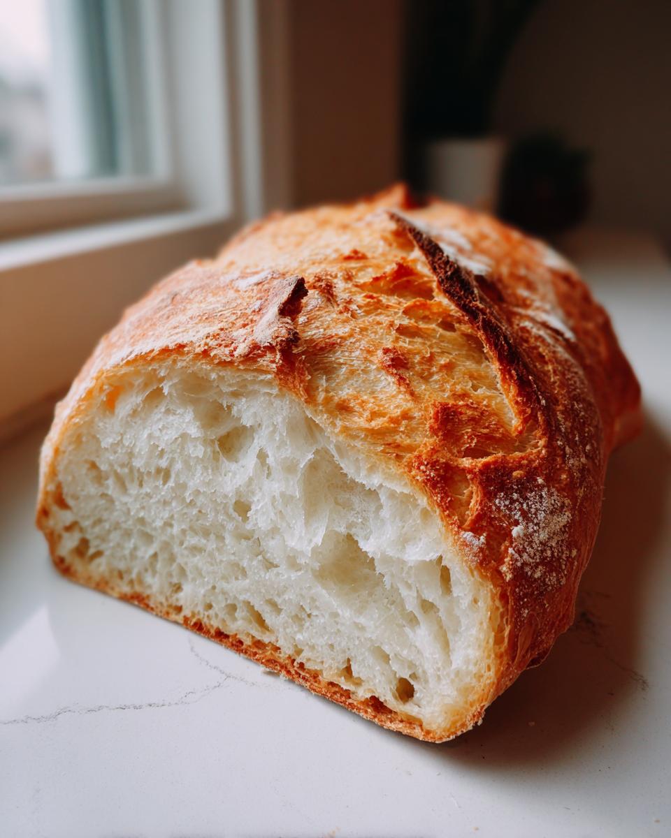 Close-up of a freshly baked french bread loaf cut in half, showing its airy interior and golden, crispy crust.