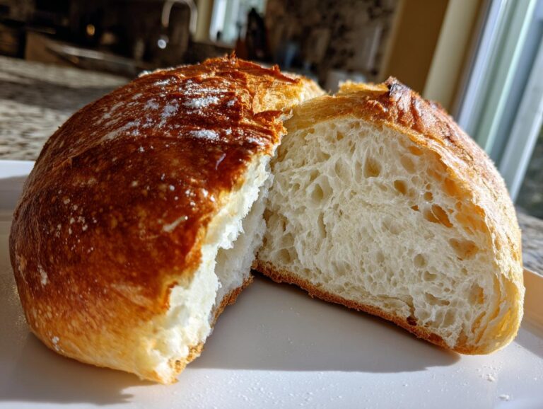 Close-up of a freshly baked french bread loaf cut in half, showing the airy interior crumb and golden crust.