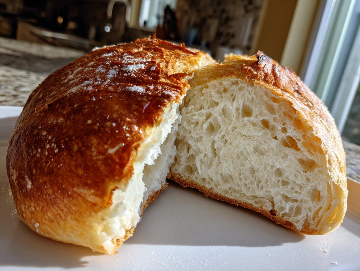 Close-up of a freshly baked french bread loaf cut in half, showing the airy interior crumb and golden crust.