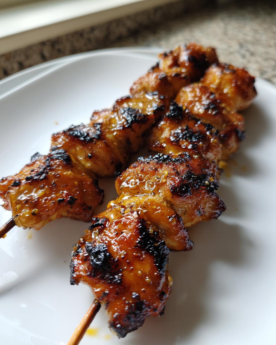 Close-up of two grilled honey garlic chicken skewers with a sticky, caramelized glaze served on a white plate.