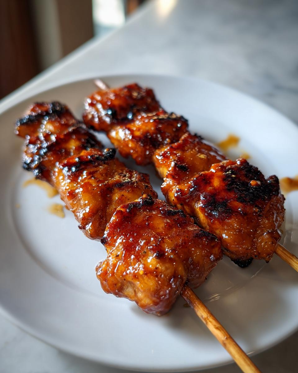 Close-up of two honey garlic chicken skewers, perfectly grilled and coated in a shiny glaze, resting on a white plate.