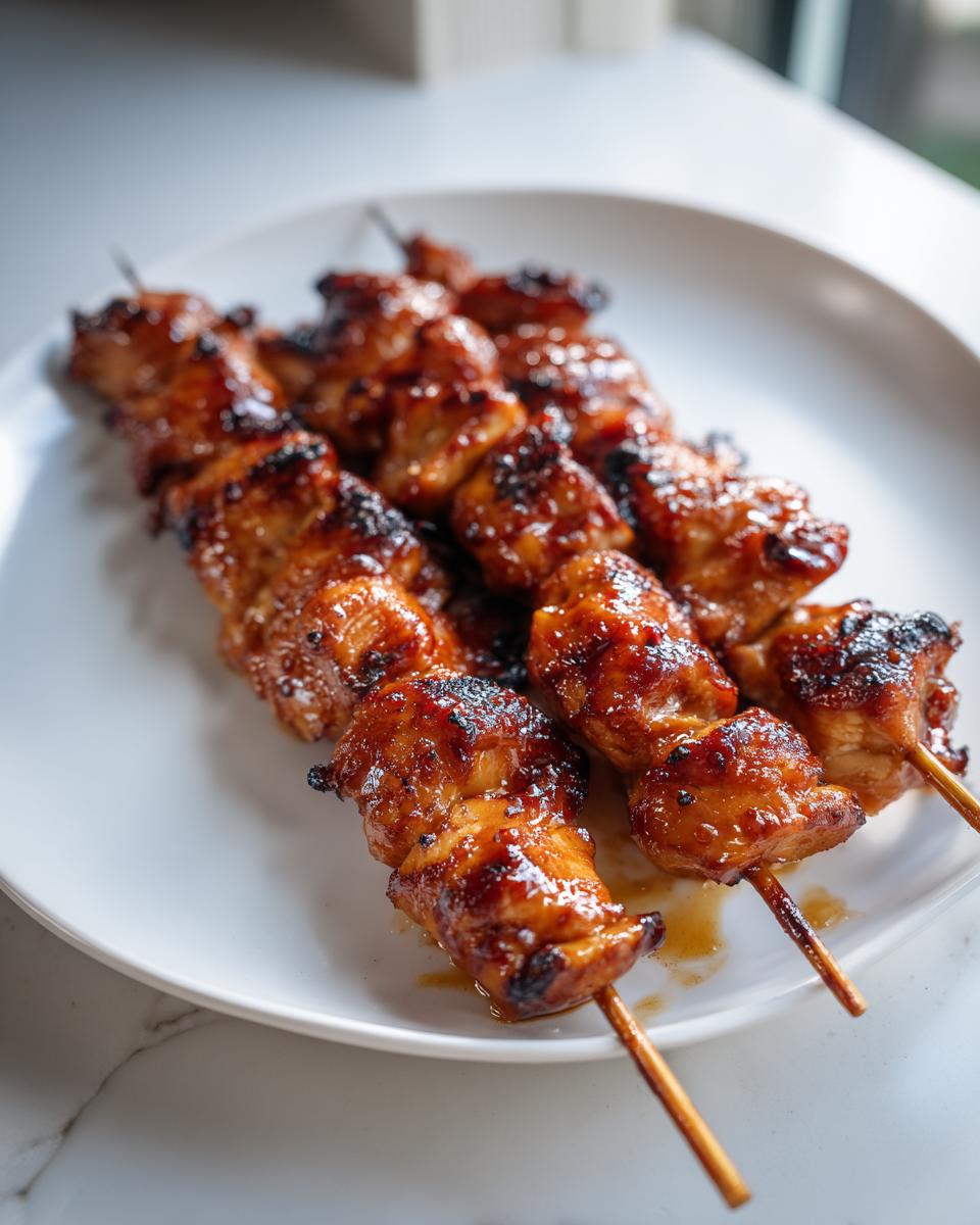 Close-up of three grilled honey garlic chicken skewers with a sticky, caramelized glaze resting on a white plate.