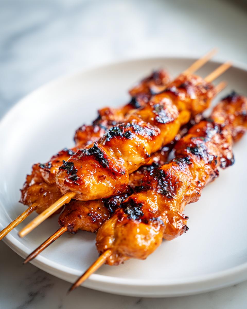 Four glossy, grilled honey garlic chicken skewers resting on a white plate, showing caramelized char marks.