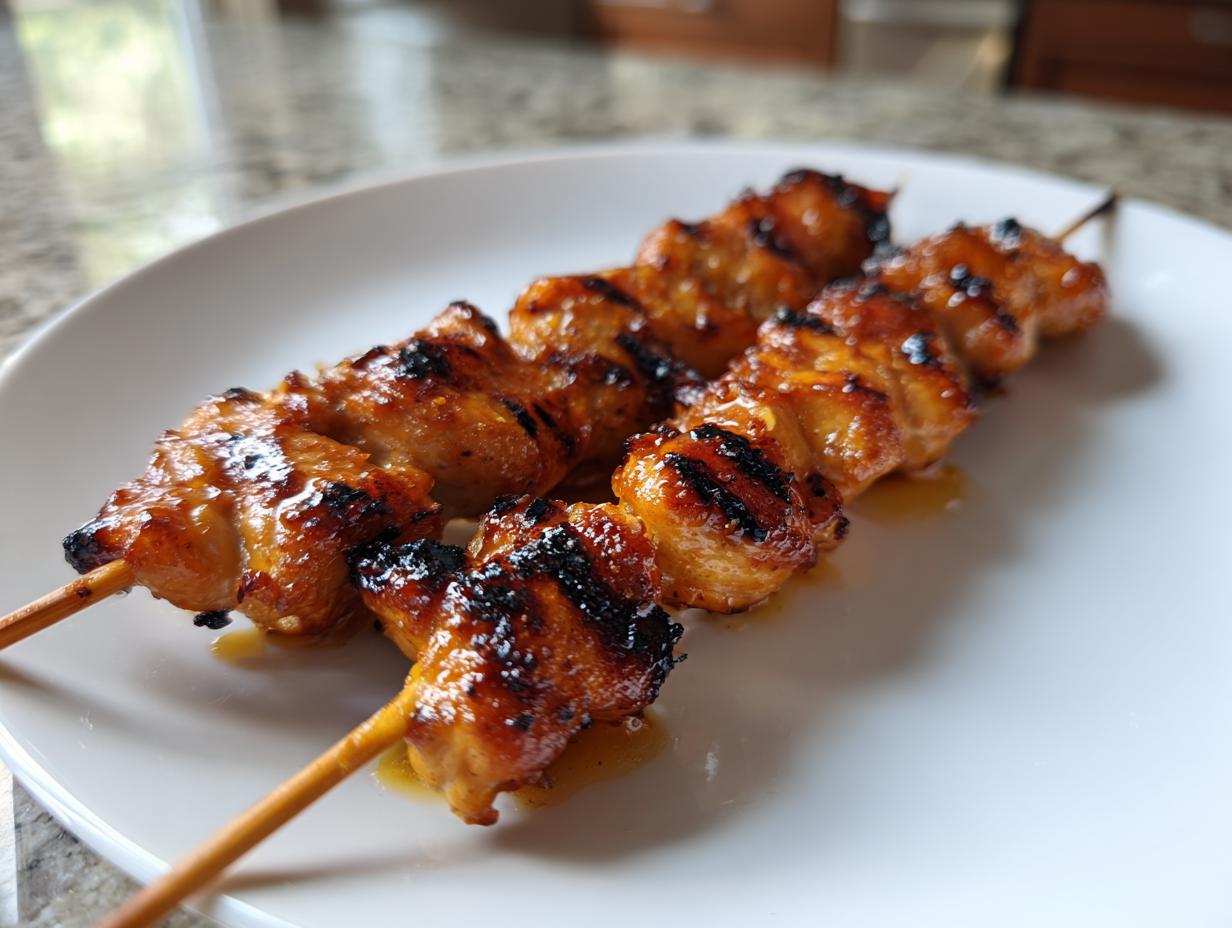 Close-up of two perfectly grilled honey garlic chicken skewers resting on a white plate, showing caramelized glaze.