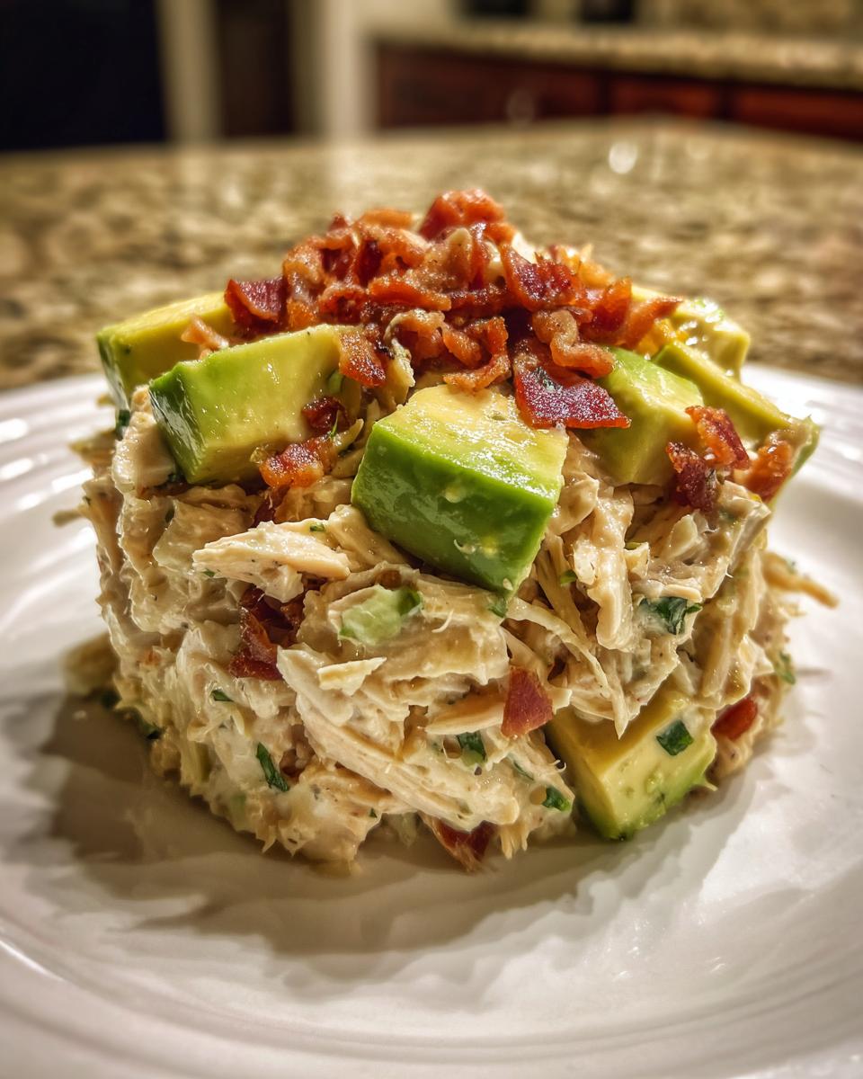A mound of creamy honey mustard chicken salad topped with fresh avocado chunks and crispy bacon bits.