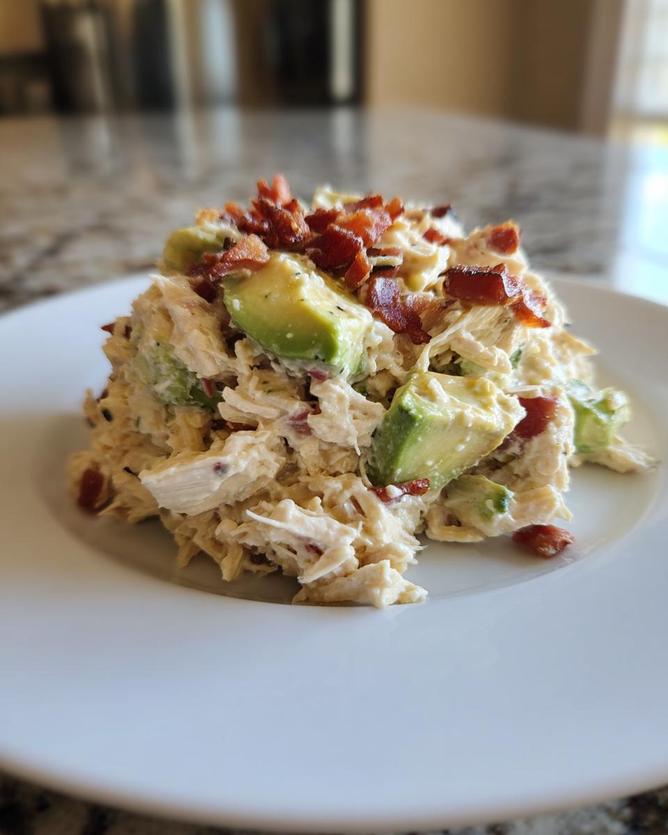 A scoop of creamy honey mustard chicken salad mixed with avocado chunks and topped with crispy bacon bits.