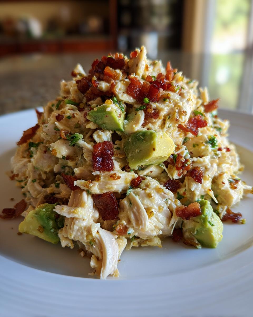 A mound of creamy honey mustard chicken salad topped with crispy bacon bits and chunks of fresh avocado.
