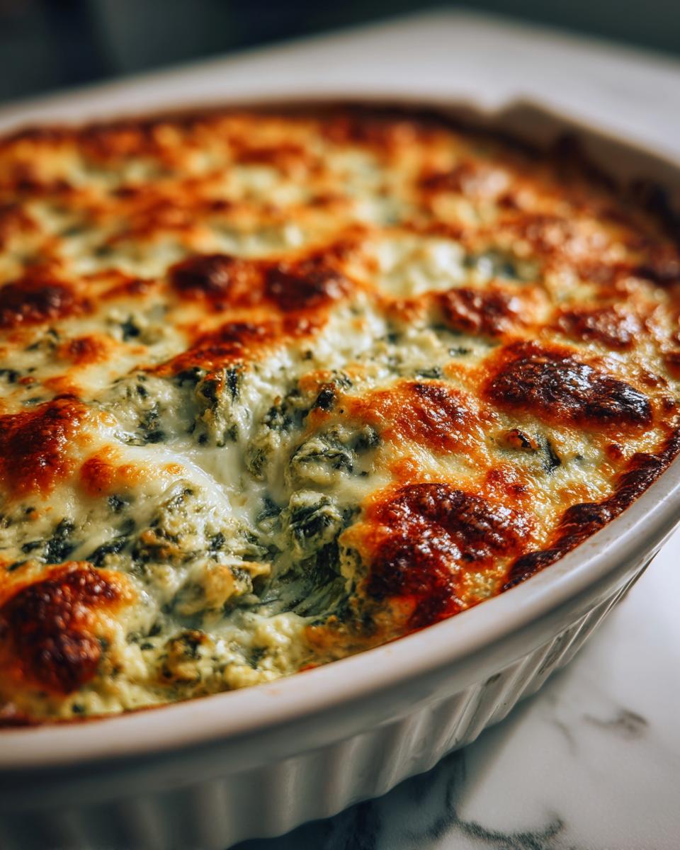 Close-up of hot, baked spinach artichoke dip bubbling with a perfectly browned, cheesy top.