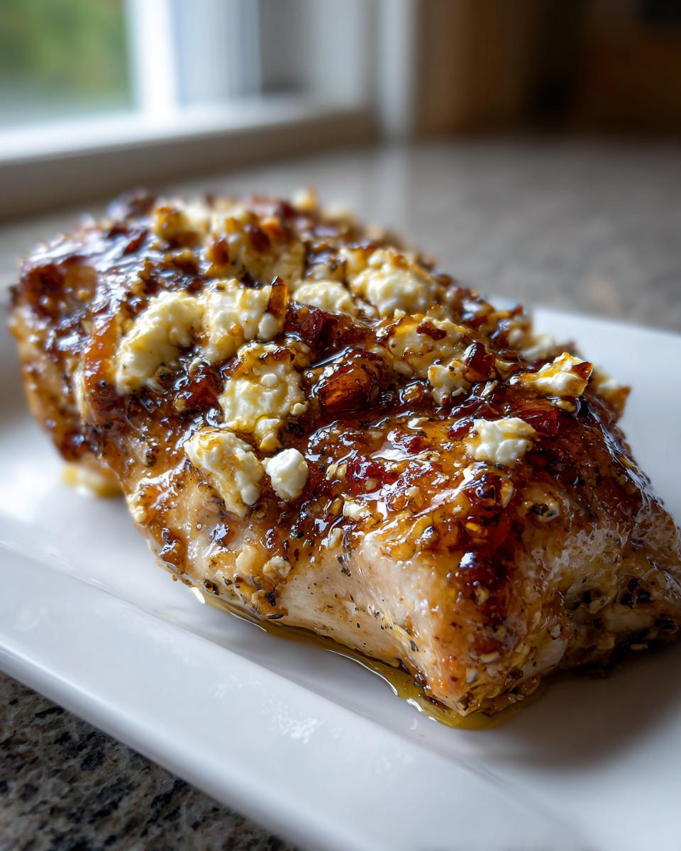 A juicy chicken breast topped with melted feta cheese and a thick, glossy hot honey glaze.