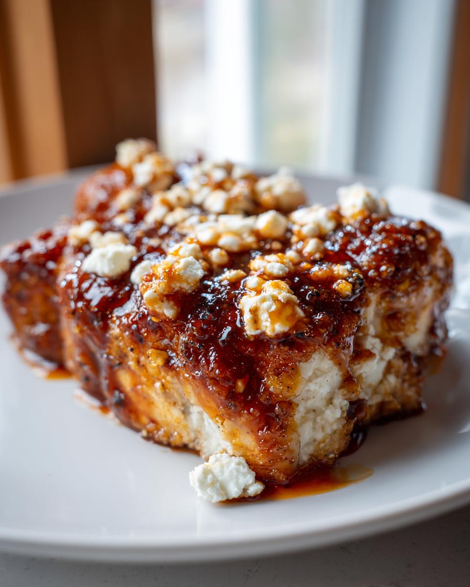 A piece of juicy hot honey feta chicken, smothered in a glossy, dark sauce and topped with crumbles of white feta cheese.