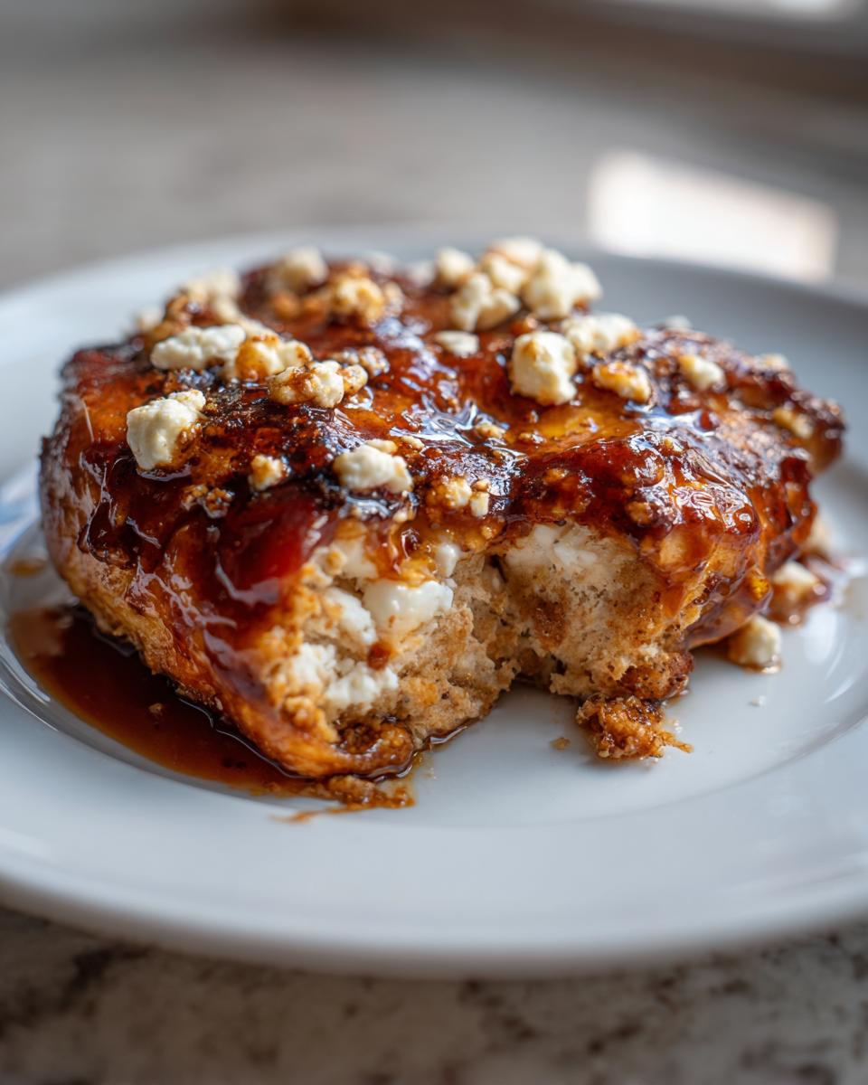 A close-up photo of hot honey feta chicken topped with a sticky glaze and crumbled feta cheese, showing a bite taken out.