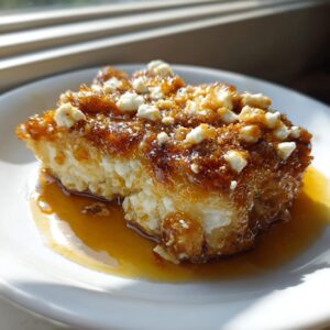 A close-up of a piece of hot honey feta chicken coated in a thick, glossy, caramelized sauce and topped with crumbled feta.