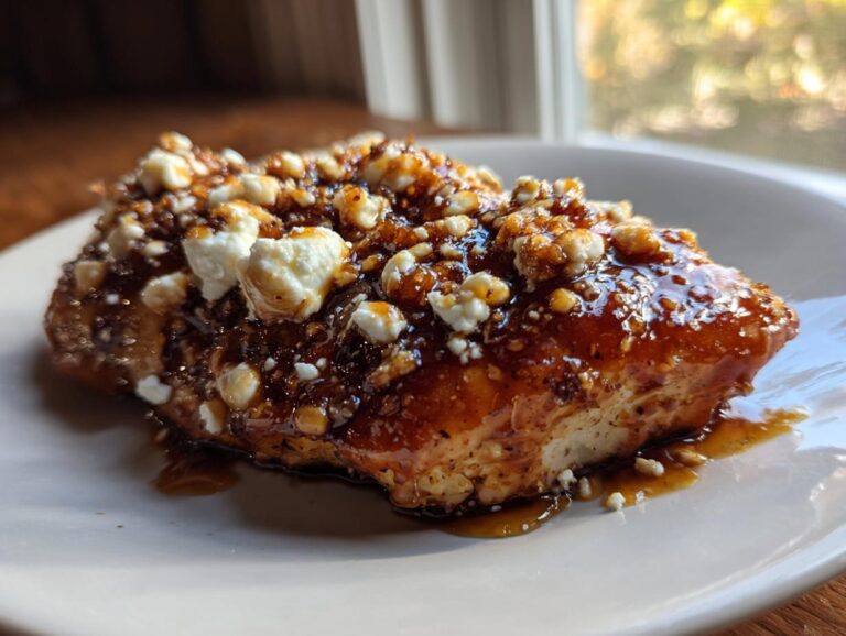 A close-up of a juicy chicken breast covered in a thick, glossy hot honey glaze and crumbled feta cheese, served on a white plate.