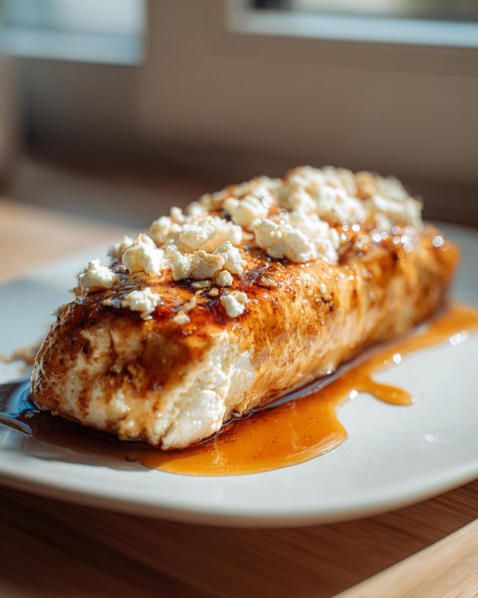 A piece of glazed hot honey feta chicken topped with crumbled feta cheese, resting in a pool of sauce.