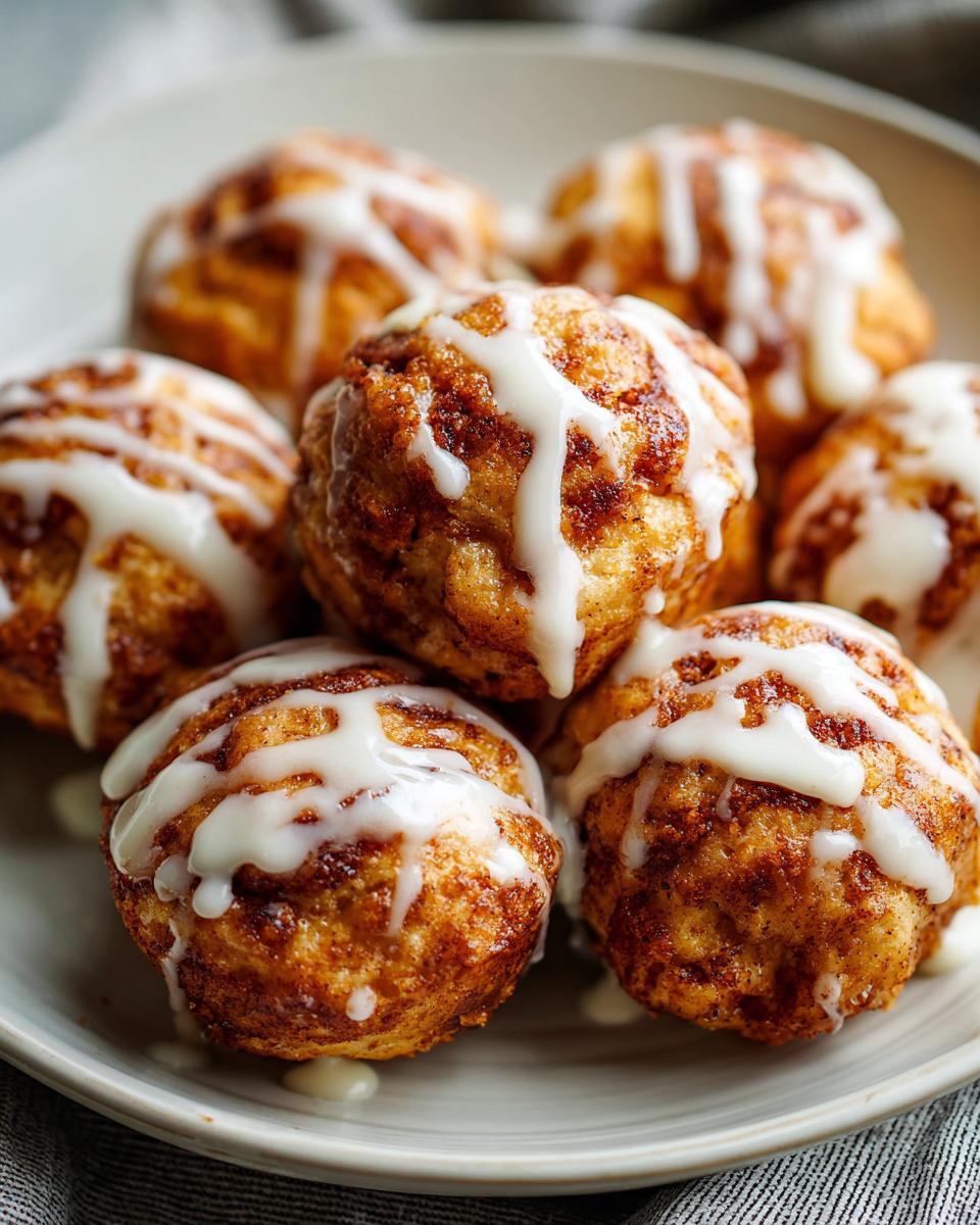 A close-up stack of golden brown cinnamon roll bites drizzled generously with white icing.