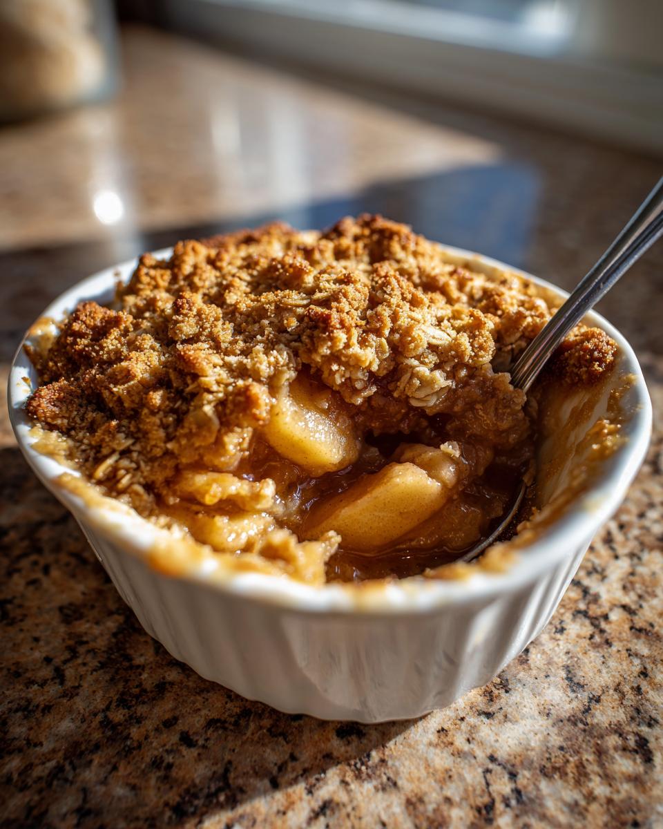 Close-up of a single-serving ramekin filled with warm apple crisp recipe, showing gooey apples and crunchy topping.