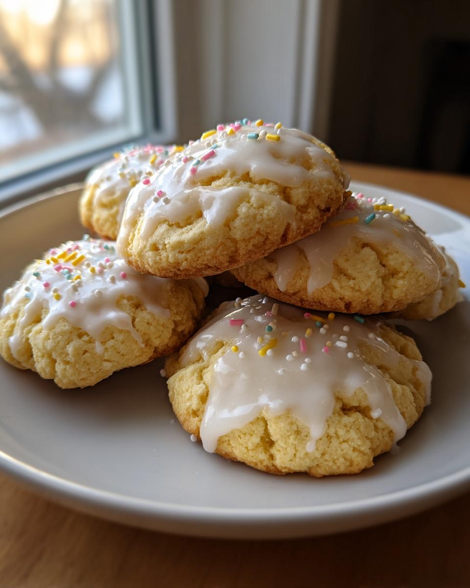 A stack of soft italian ricotta cookies topped with white glaze and colorful sprinkles.