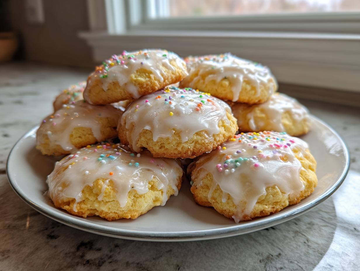 A stack of soft Italian ricotta cookies topped with white glaze and colorful sprinkles on a light plate.