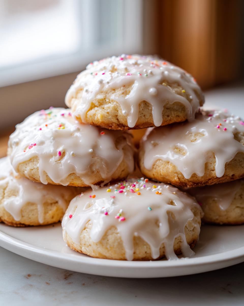 A stack of soft, round italian ricotta cookies topped with thick white glaze and colorful sprinkles.