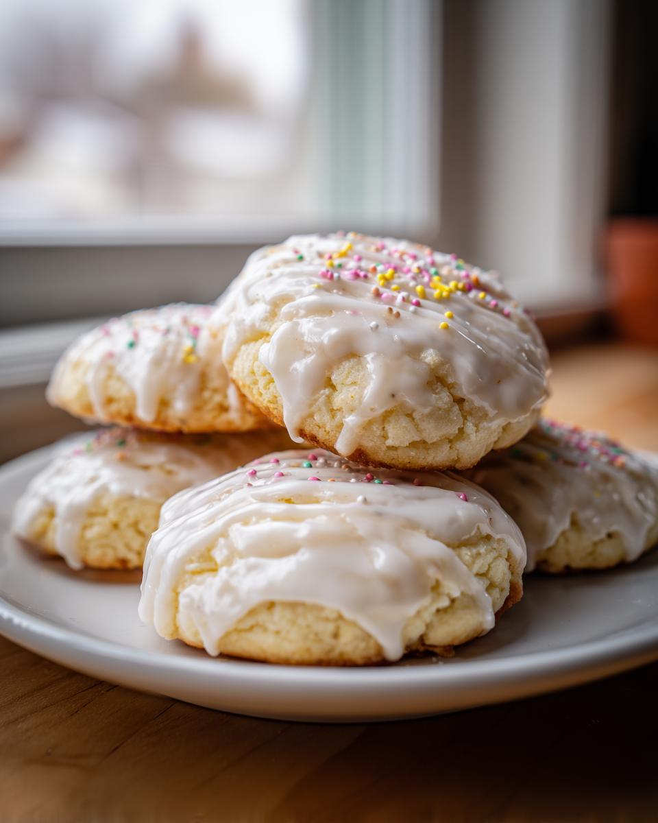 A stack of soft italian ricotta cookies topped with thick white glaze and rainbow sprinkles.
