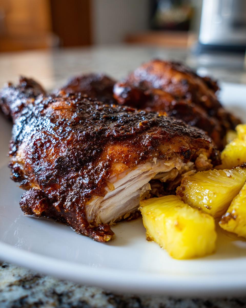 Close-up of juicy Jamaican jerk chicken leg quarter with a dark spice rub, showing white meat inside, served with grilled pineapple.