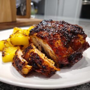 A close-up of a piece of glazed Jamaican jerk chicken, cut open to show the juicy interior, served with grilled pineapple chunks.