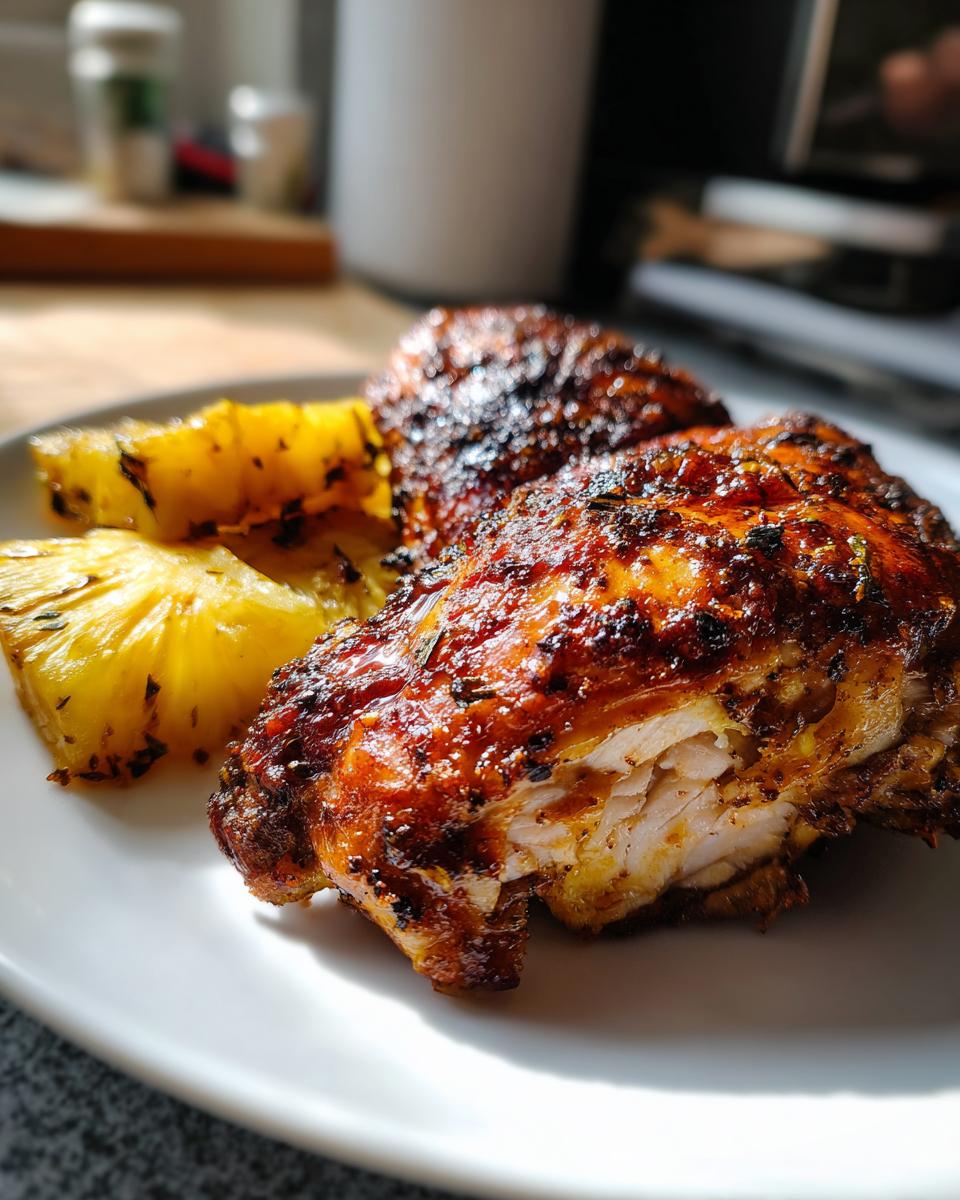 Close-up of juicy Jamaican jerk chicken pieces served with grilled pineapple slices on a white plate.