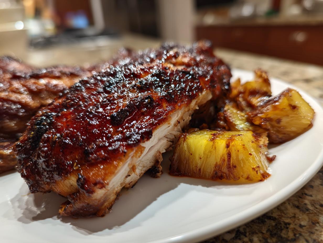 Close-up of juicy Jamaican jerk chicken with a dark, caramelized glaze next to grilled pineapple pieces.
