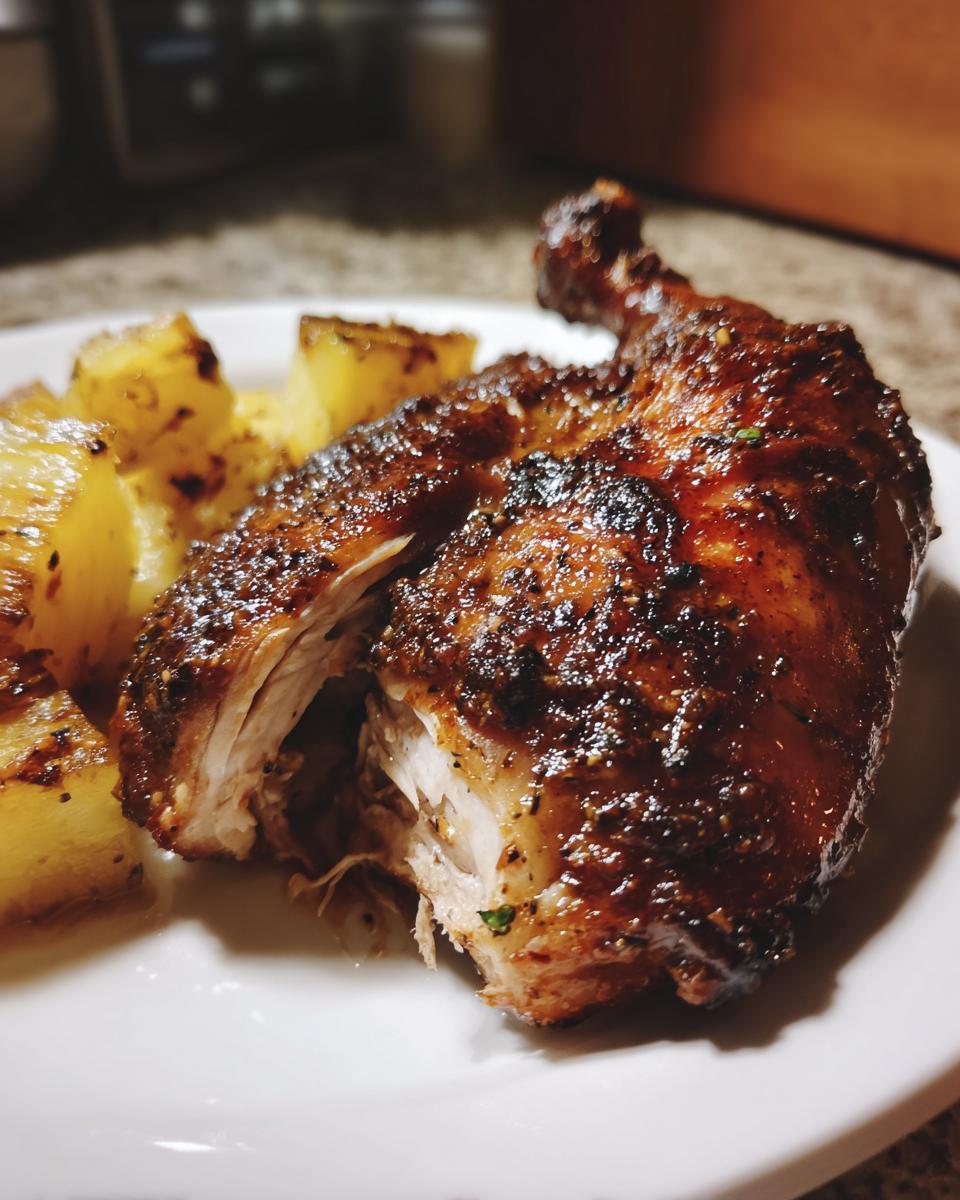 Close-up of a perfectly cooked Jamaican Jerk Chicken leg quarter showing juicy white meat next to roasted potatoes.