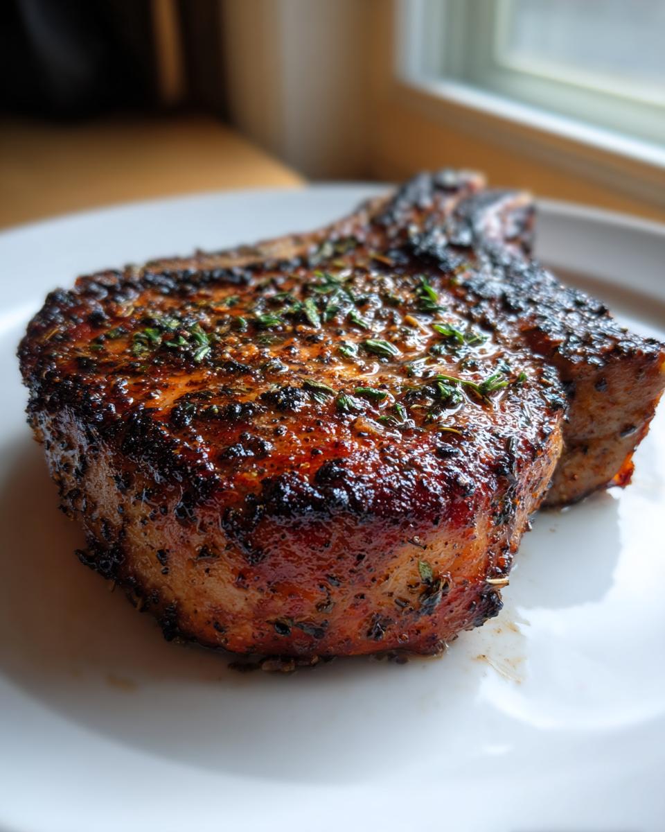 Close-up of a perfectly seared and juicy baked pork chops, topped with herbs.