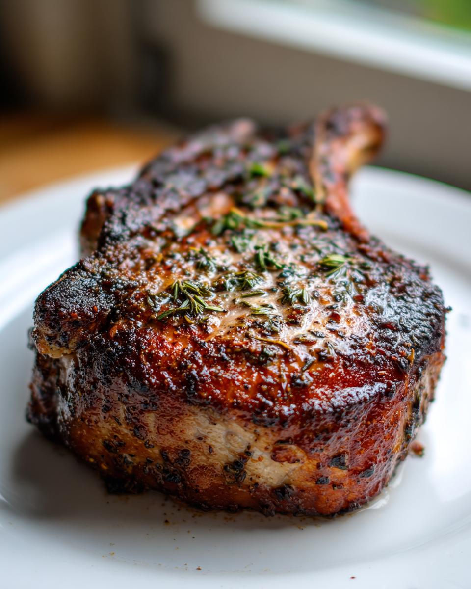 Close-up of a thick, juicy baked pork chop with a dark, caramelized crust and fresh herbs on top.