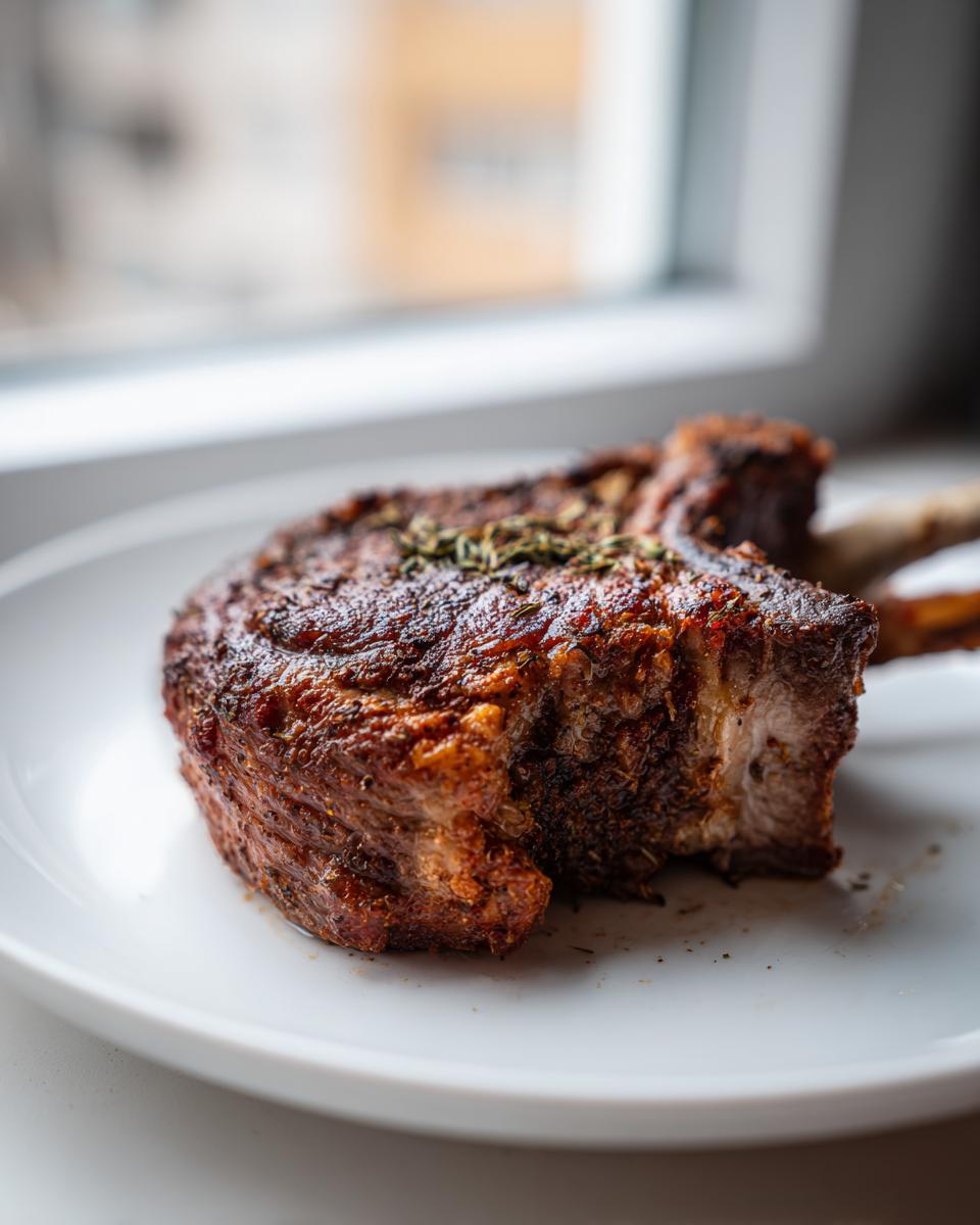 Close-up of a perfectly seasoned and juicy baked pork chop resting on a white plate.